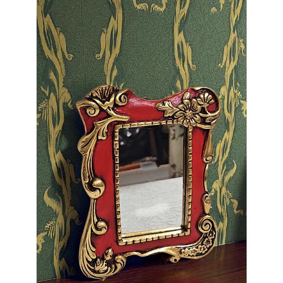 Vintage Red and Gold Ornate Accent Mirror Wall Hanging Scroll Accent Floral - Picture 4 of 13